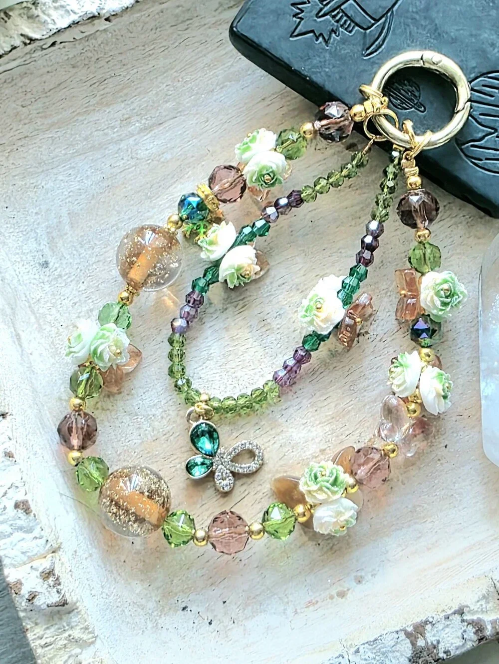 🌷🌿 Garden Butterfly Handcrafted Phone Charm Beaded with Flower Accents_Green